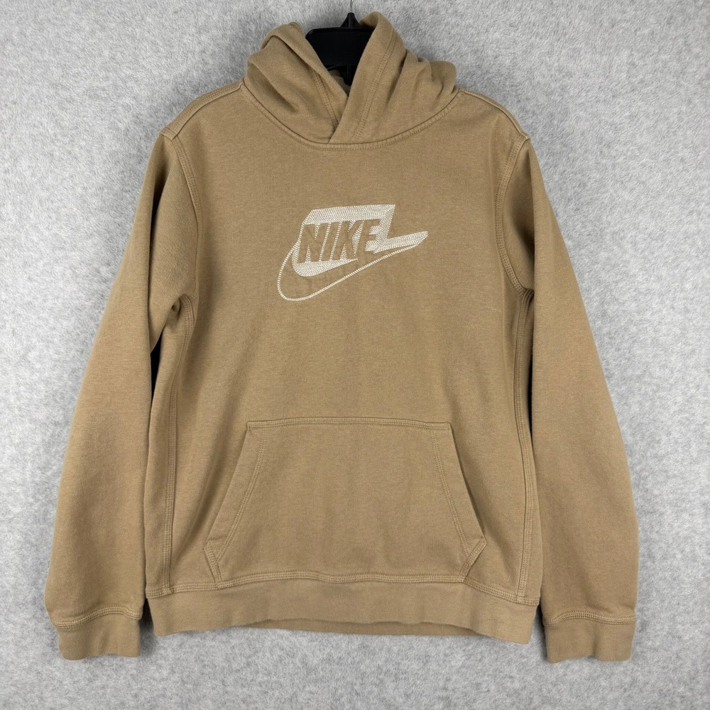 Nike Kids Sportswear Fleece Hoodie Tan Khaki 3D Embroidered Logo Size M L